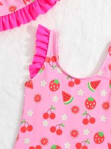 嬰兒櫻桃和西瓜圖案荷葉邊連體泳衣附帽子 - 粉色 - 查看 4