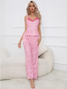 Conjunto de pijama con estampado de leopardo ribete con encaje - Rosa - Ver 3