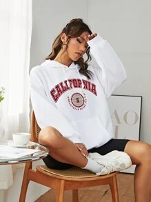 SHEIN EZwear Letter Graphic Kangaroo Pocket Drawstring Thermal Lined Hoodie - White - View 1