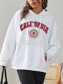 SHEIN EZwear Letter Graphic Kangaroo Pocket Drawstring Thermal Lined Hoodie - White - View 4