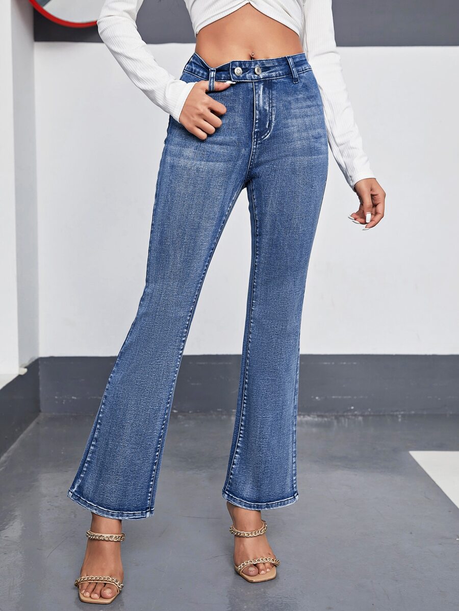 High Waist Flare Leg Jeans - Medium Wash - View 1