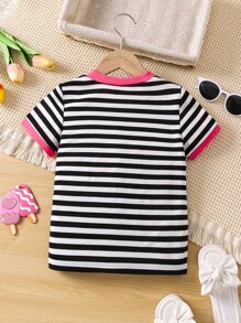 SHEIN 女小童黑色和白色條紋圖案休閒簡約風街頭風T恤帶常規短袖和圓領適合夏天 - 黑與白 - 查看 2