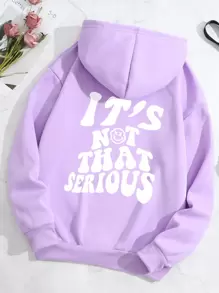 Plus Size Cartoon & Slogan Graphic Drawstring Thermal Lined Sweatshirt - Lilac Purple - View 1