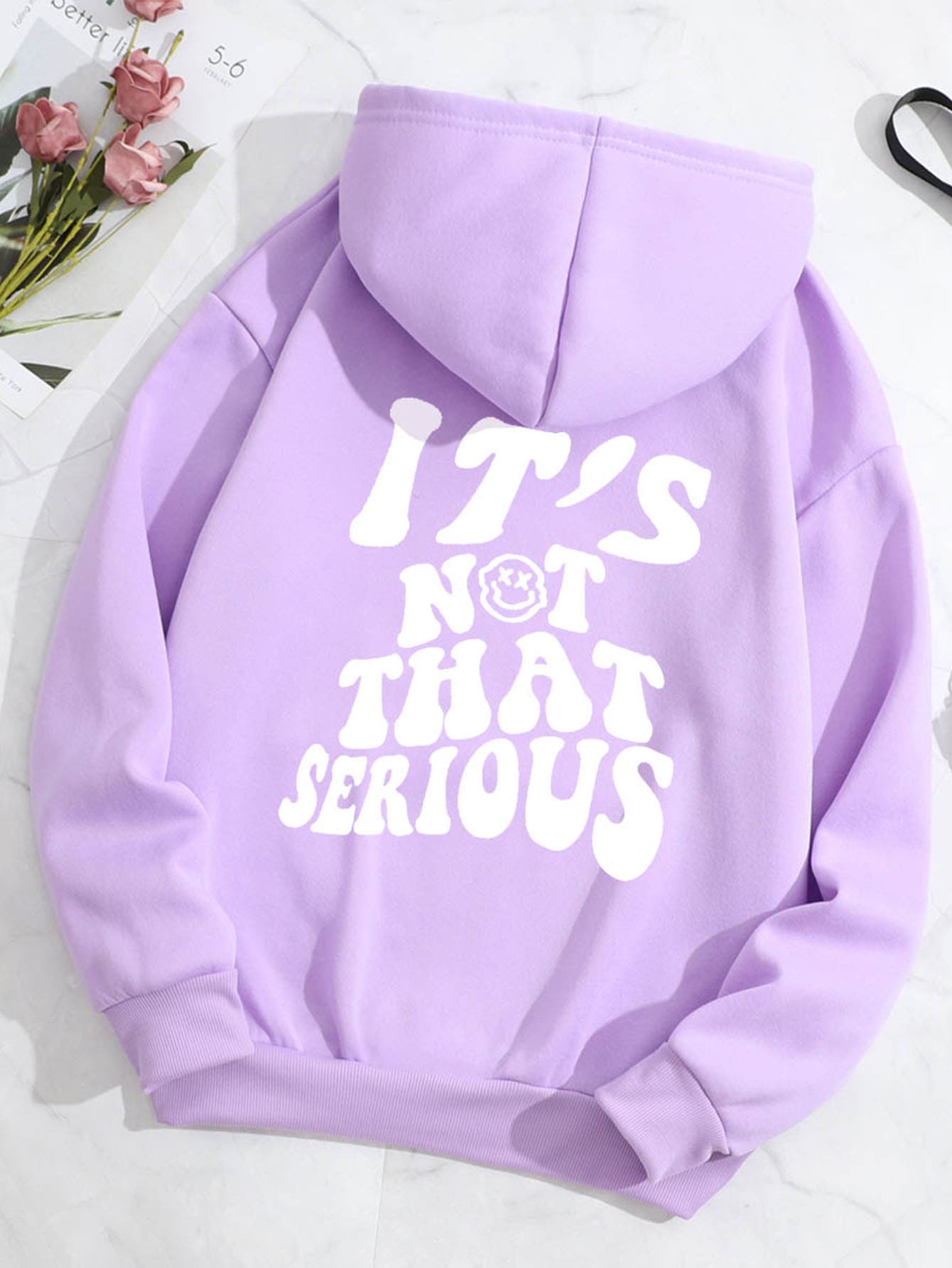 Plus Size Cartoon & Slogan Graphic Drawstring Thermal Lined Sweatshirt - Lilac Purple - View 1