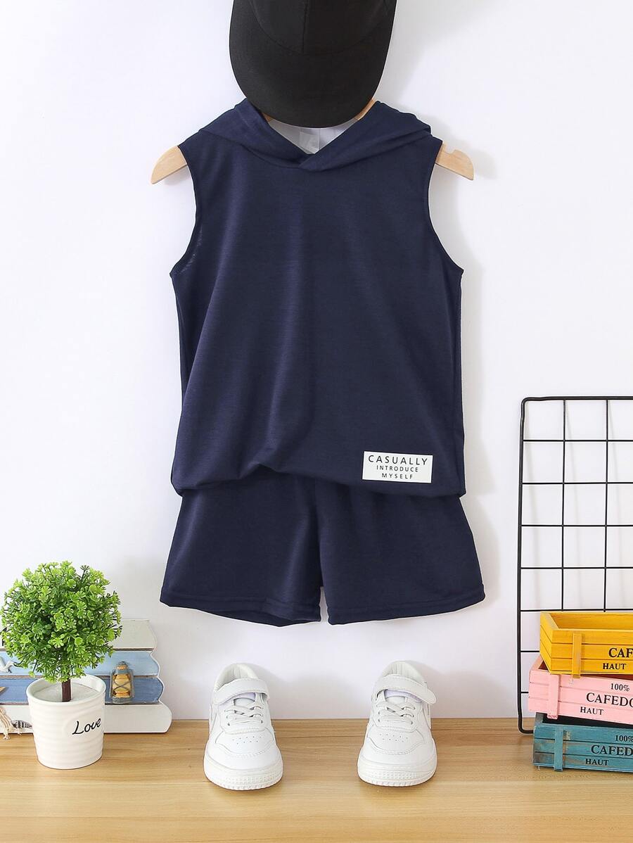 SHEIN 小男童字母補丁細節連帽背心上衣和前打結短褲 - 藏蓝色 - 查看 1