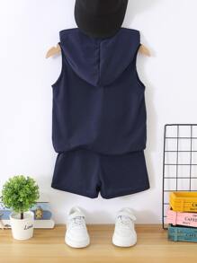 SHEIN 小男童字母補丁細節連帽背心上衣和前打結短褲 - 藏蓝色 - 查看 2