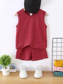 SHEIN Toddler Boys Solid Tank Top & Knot Front Shorts - Burgundy - View 1