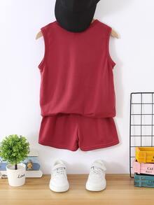 SHEIN Toddler Boys Solid Tank Top & Knot Front Shorts - Burgundy - View 2