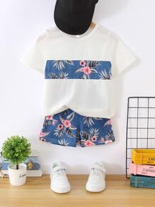 SHEIN Toddler Boys Tropical Print Tee & Shorts - Blue and White - View 1