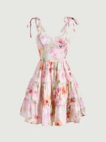 SHEIN MOD Floral Print Tie Shoulder Ruffle Hem Cami Dress