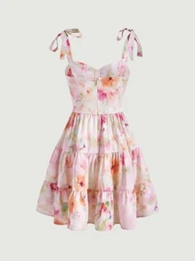 SHEIN MOD Floral Print Tie Shoulder Ruffle Hem Cami Dress