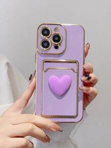 3D Heart Decor Card Slot Phone Case - Purple - View 1
