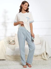 Conjunto de pijama pantalones con camiseta con estampado de letra - Azul y blanco - Ver 3