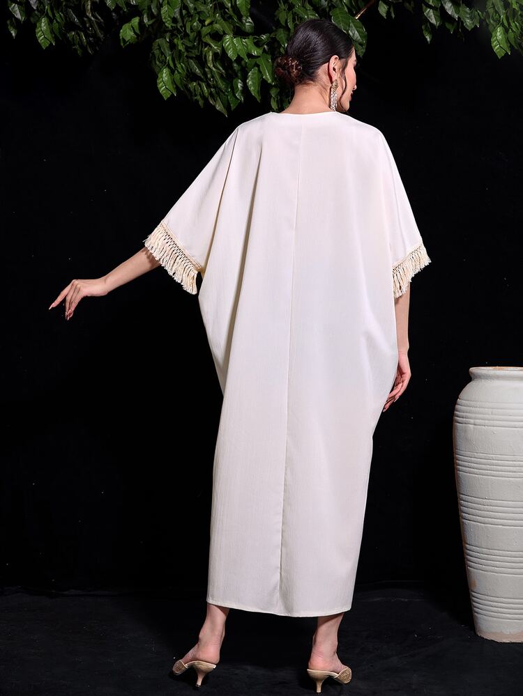 Fringe Trim Batwing Sleeve Split Hem Kaftan