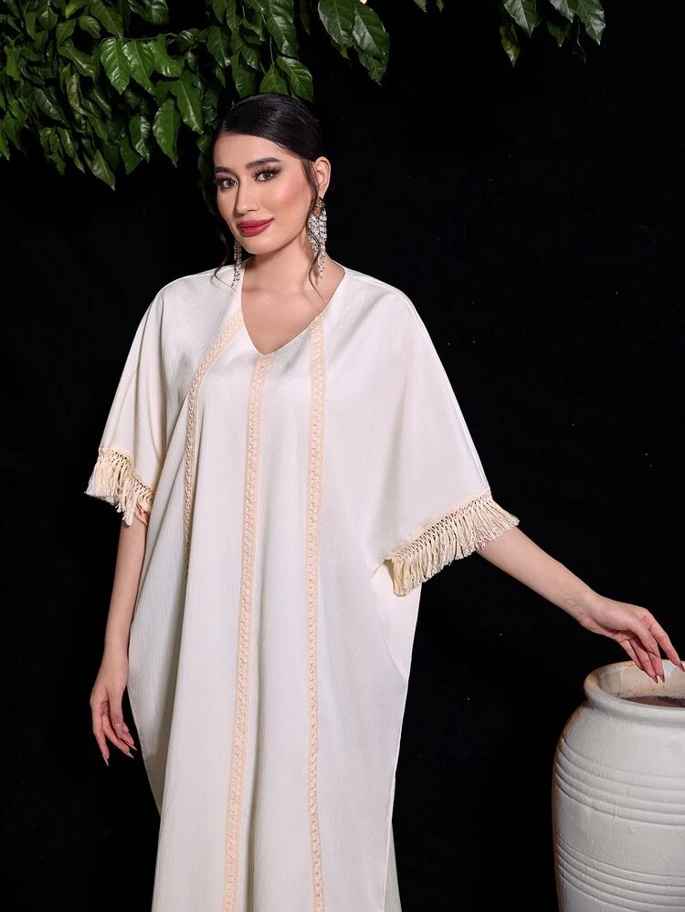 Fringe Trim Batwing Sleeve Split Hem Kaftan