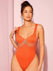 SHEIN BAE Rhinestone Fringe Trim Bustier Bodysuit - Orange - View 1