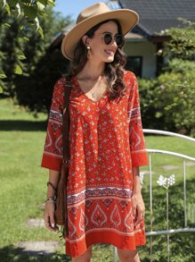 SHEIN VCAY Vestido túnico escote V con estampado floral - Multicolor - Ver 1