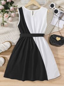 Girls Two Tone Contrast Piping Dress - Black and White - View 2