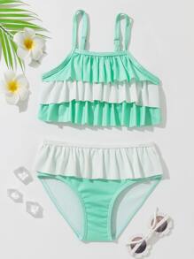 Young Girl Color Block Ruffle Hem Bikini Set Summer Beach - Multicolor - View 1