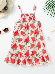 小女童西瓜圖案荷葉邊罩衫 - 彩色 - 查看 2