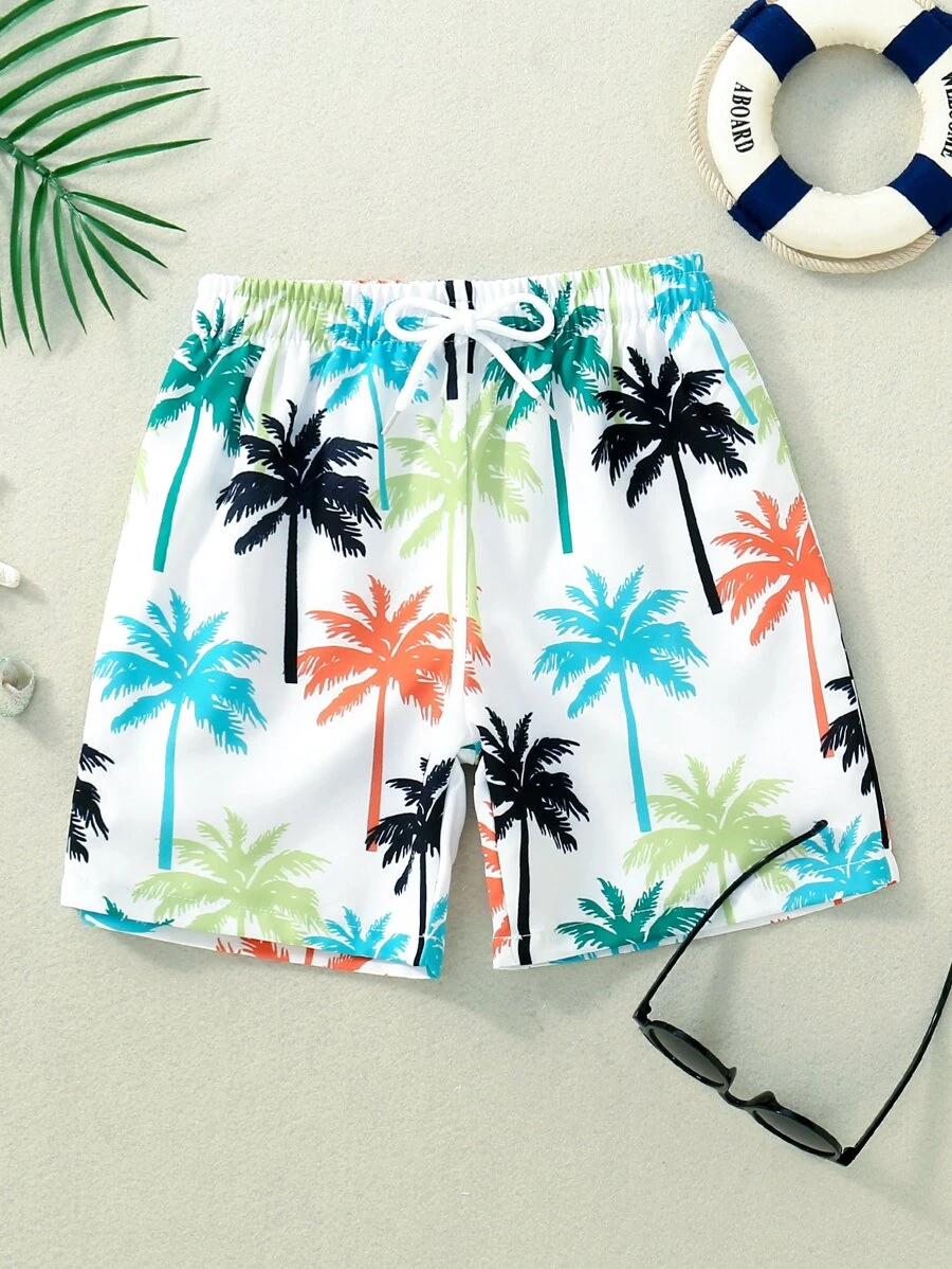 年輕男孩熱帶印花游泳短褲