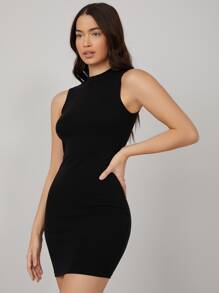 SHEIN BASICS Mock-Neck Bodycon Casual Dinner Dating Dress - Black - View 1