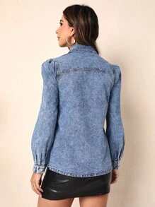 Flap Pocket Puff Sleeve Denim Shirt - Medium Wash - View 2