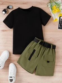 Chicas Camiseta unicolor & con bolsillo con solapa Shorts - Multicolor - Ver 3