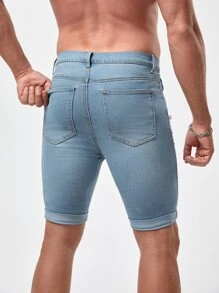 Manfinity Men Ripped Frayed Roll Hem Bermuda Denim Shorts - Light Wash - View 3