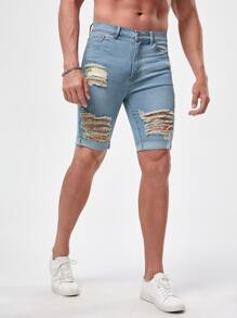 Manfinity Men Ripped Frayed Roll Hem Bermuda Denim Shorts - Light Wash - View 4