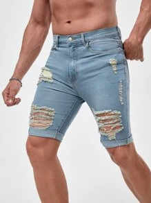 Manfinity Men Ripped Frayed Roll Hem Bermuda Denim Shorts - Light Wash - View 1