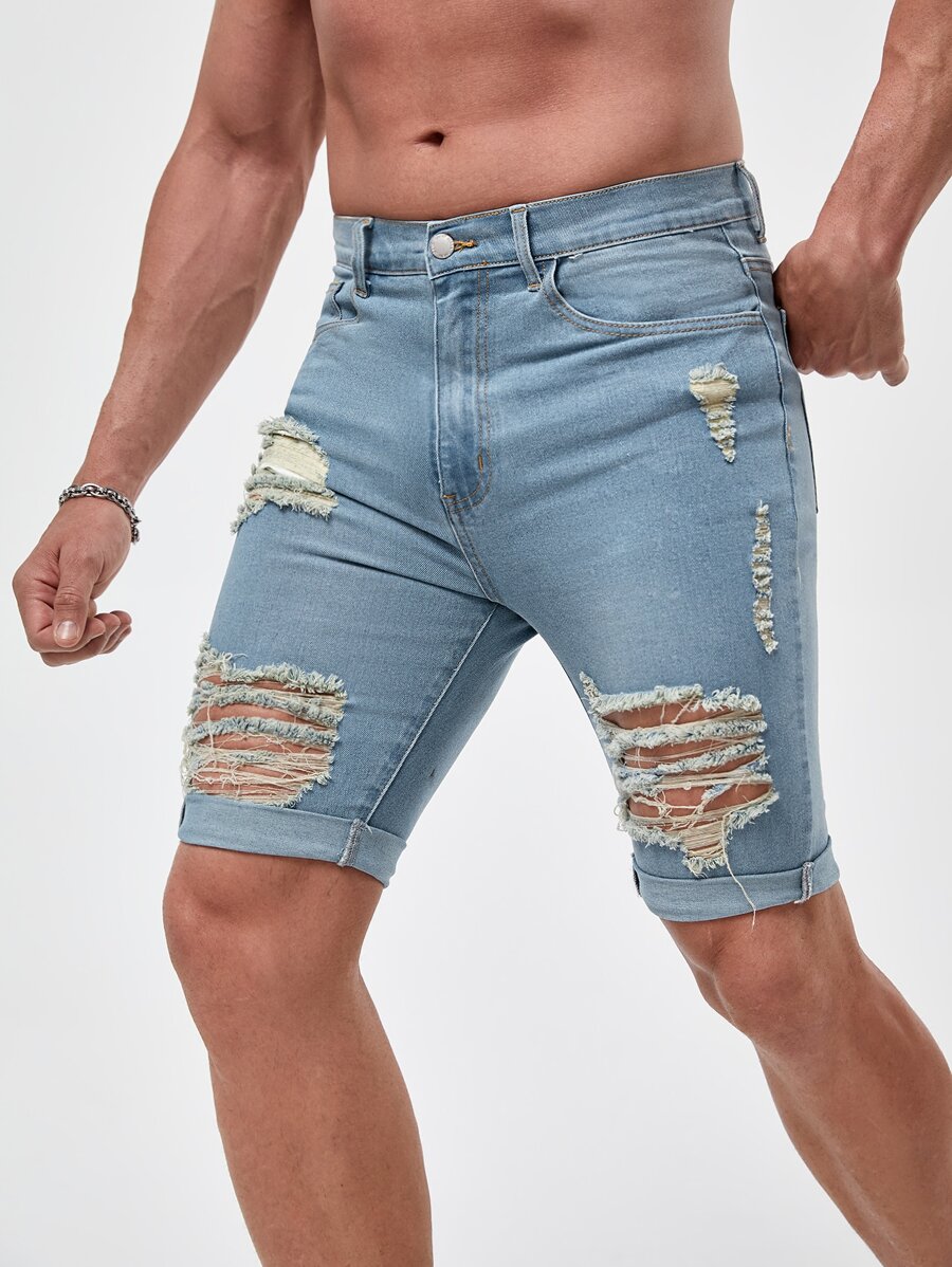Manfinity Men Ripped Frayed Roll Hem Bermuda Denim Shorts - Light Wash - View 1