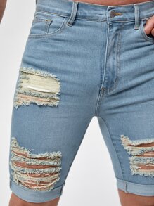 Manfinity Men Ripped Frayed Roll Hem Bermuda Denim Shorts - Light Wash - View 5