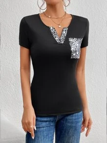 SHEIN Unity Áo thun nữ Túi ghép mộng kim sa Khối Màu Giải trí - màu đen - Xem 6
