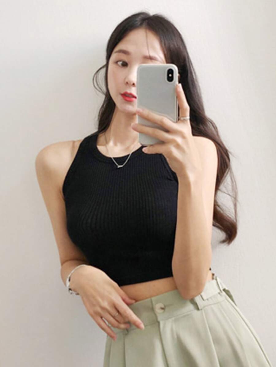 DAZY Ribbed Knit Crop Tank Top - Black - View 1