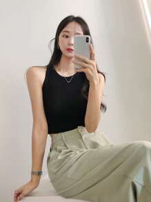 DAZY Ribbed Knit Crop Tank Top - Black - View 3