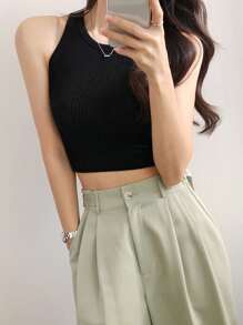 DAZY Ribbed Knit Crop Tank Top - Black - View 4