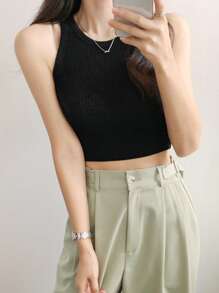DAZY Ribbed Knit Crop Tank Top - Black - View 7
