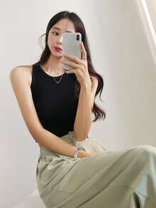 DAZY Ribbed Knit Crop Tank Top - Black - View 8