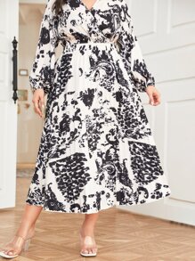 Mulvari 大碼色塊拼接圖案彈性腰帶半身裙 - 黑與白 - 查看 3