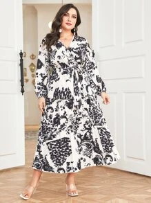 Mulvari 大碼色塊拼接圖案彈性腰帶半身裙 - 黑與白 - 查看 1