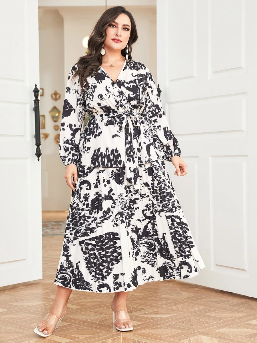 Mulvari 大碼色塊拼接圖案彈性腰帶半身裙 - 黑與白 - 查看 1