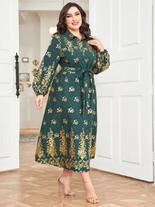 Al Najma 大碼燙金花朵印花燈籠袖腰帶襯衫連衣裙 - 墨綠色 - 查看 3