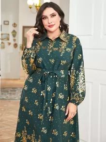 Al Najma 大碼燙金花朵印花燈籠袖腰帶襯衫連衣裙 - 墨綠色 - 查看 4