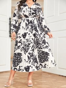 Mulvari 大碼色塊拼接圖案彈性腰帶半身裙 - 黑與白 - 查看 6