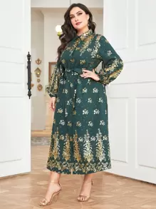 Al Najma 大碼燙金花朵印花燈籠袖腰帶襯衫連衣裙 - 墨綠色 - 查看 5