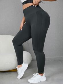 Easithlete Plus Solid Tummy Control Sports Leggings - Dark Grey - View 3