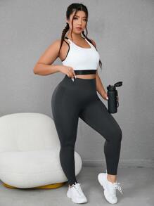 Easithlete Plus Solid Tummy Control Sports Leggings - Dark Grey - View 4