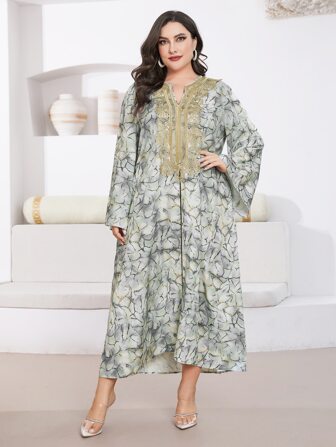 Al Najma Plus Allover Print Contrast Lace Dress