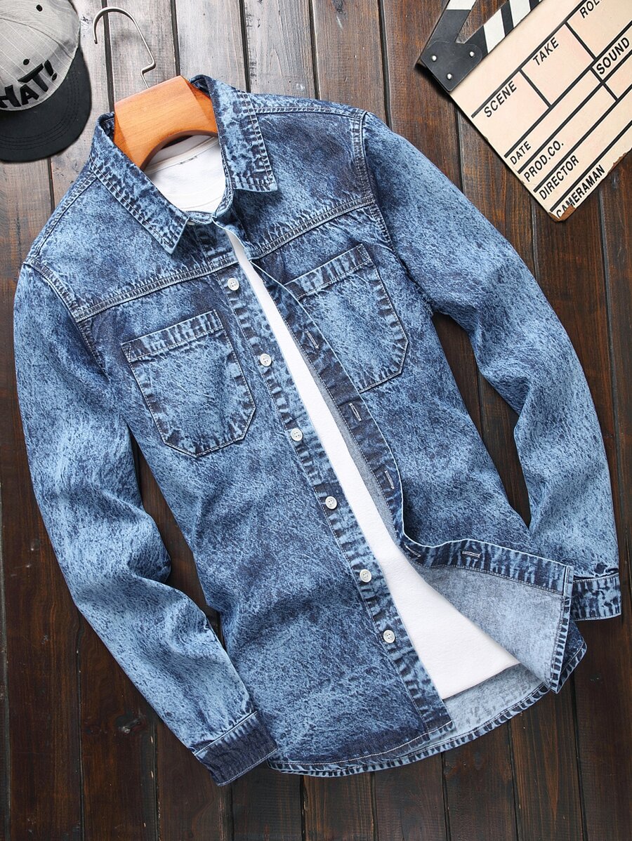 Manfinity Men Flap Pocket Denim Shirt Without Tee - Medium Wash - View 1